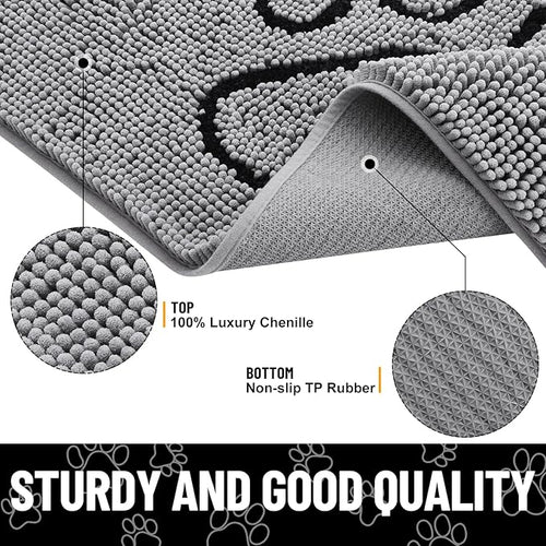 Smiry Dog Door Mat for Muddy Paws, Absorbent Dirt Trapper Non Slip Quick Dry Washable Chenille Mat for Mud Dogs, Entry Rug for Indoor and Outdoor (30x20 Inches, Grey and Black)